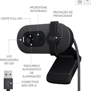 Webcam Full HD Logitech Brio 100 com Microfone Integrado, Proteção de Privacidade, Correção Automática de Luz e Conexão USB-A - Grafite